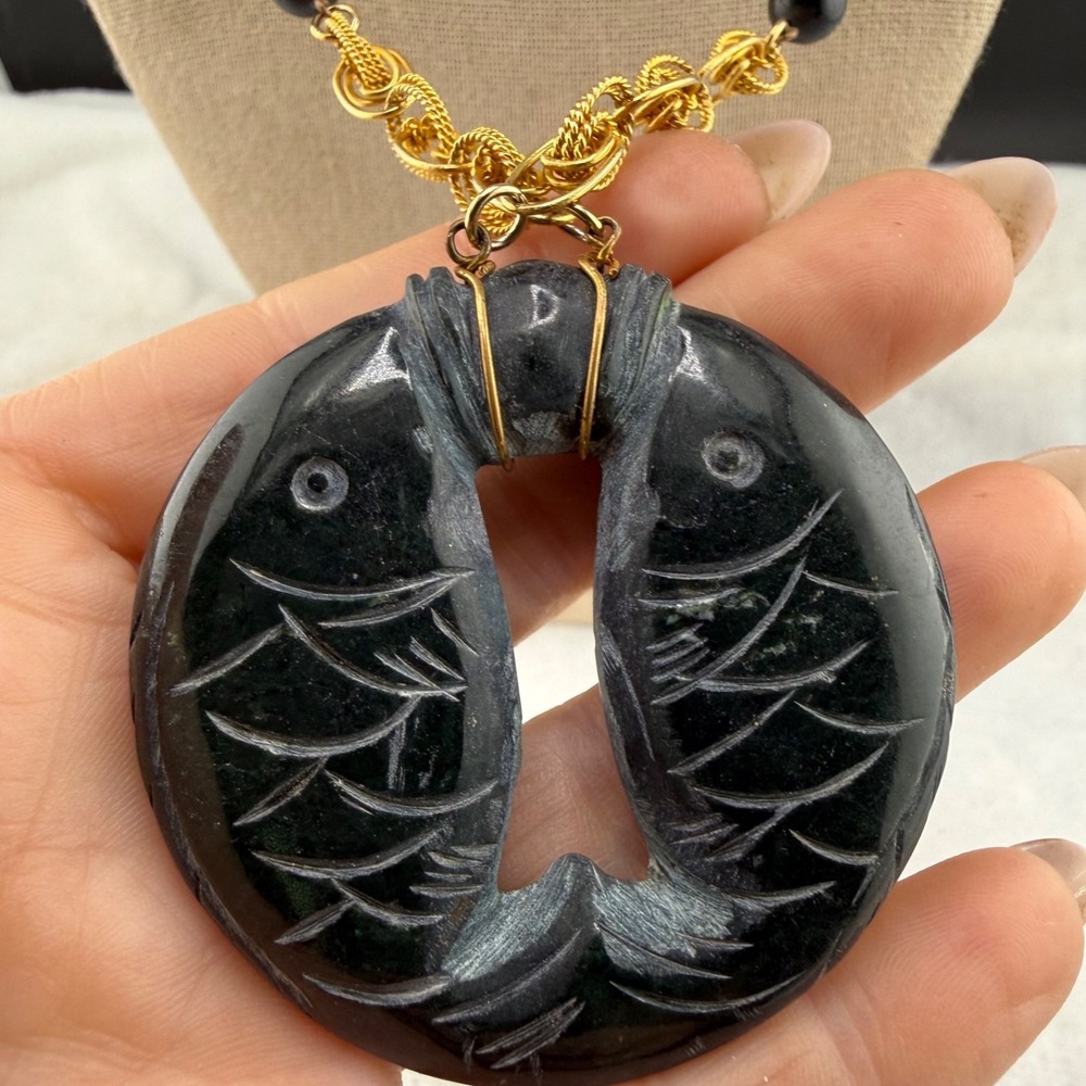 Vintage Hobe Polished Stone Carved Fish Necklace Double Koi 18"